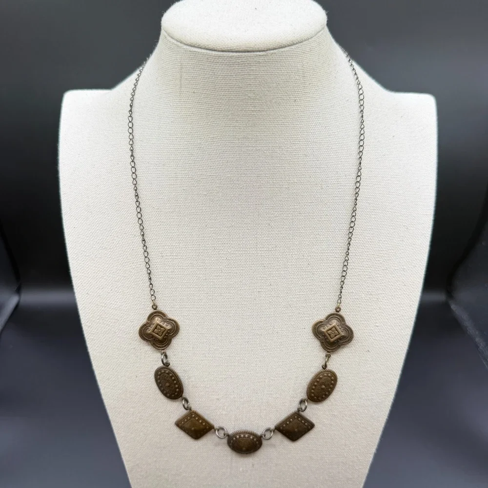 Bronze Tone Filigree Geometric Statement Necklace Boho Cottagecore Festival Gift